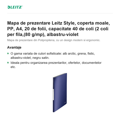 Mapa de prezentare Leitz Style, coperta moale, PP, A4, 20 de folii, capacitate 40 de coli (2 coli per fila,(80 g/mp), albastru-violet [1]