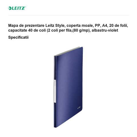 Mapa de prezentare Leitz Style, coperta moale, PP, A4, 20 de folii, capacitate 40 de coli (2 coli per fila,(80 g/mp), albastru-violet [2]