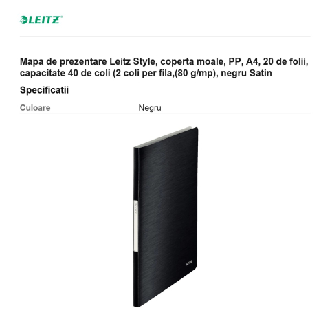 Mapa de prezentare Leitz Style, coperta moale, PP, A4, 20 de folii, capacitate 40 de coli (2 coli per fila,(80 g/mp), negru Satin [2]