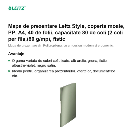 Mapa de prezentare Leitz Style, coperta moale, PP, A4, 40 de folii, capacitate 80 de coli (2 coli per fila,(80 g/mp), fistic [1]