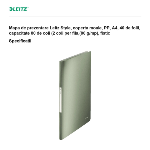 Mapa de prezentare Leitz Style, coperta moale, PP, A4, 40 de folii, capacitate 80 de coli (2 coli per fila,(80 g/mp), fistic [2]