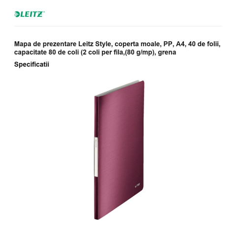 Mapa de prezentare Leitz Style, coperta moale, PP, A4, 40 de folii, capacitate 80 de coli (2 coli per fila,(80 g/mp), grena [2]