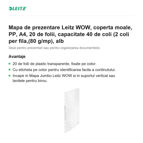 Mapa de prezentare Leitz WOW, coperta moale, PP, A4, 20 de folii, capacitate 40 de coli (2 coli per fila,(80 g/mp), alb [1]