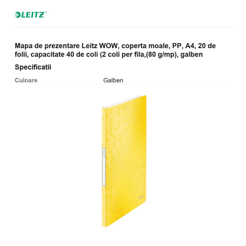 Mapa de prezentare Leitz WOW, coperta moale, PP, A4, 20 de folii, capacitate 40 de coli (2 coli per fila,(80 g/mp), galben [2]