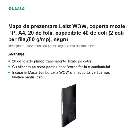 Mapa de prezentare Leitz WOW, coperta moale, PP, A4, 20 de folii, capacitate 40 de coli (2 coli per fila,(80 g/mp), negru [1]