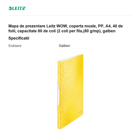 Mapa de prezentare Leitz WOW, coperta moale, PP, A4, 40 de folii, capacitate 80 de coli (2 coli per fila,(80 g/mp), galben [2]