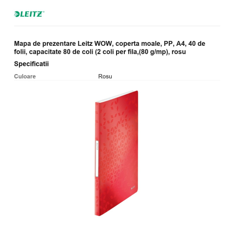 Mapa de prezentare Leitz WOW, coperta moale, PP, A4, 40 de folii, capacitate 80 de coli (2 coli per fila,(80 g/mp), rosu [2]