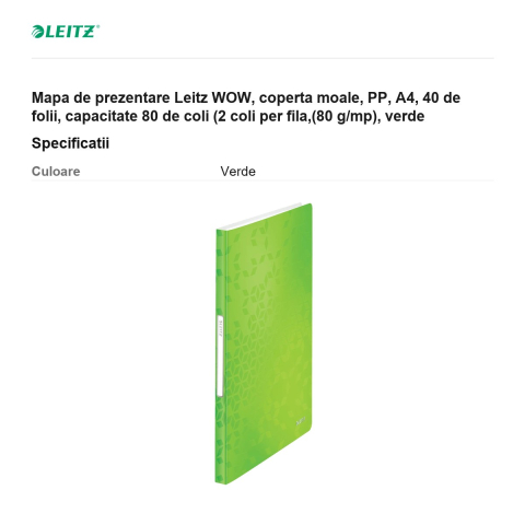 Mapa de prezentare Leitz WOW, coperta moale, PP, A4, 40 de folii, capacitate 80 de coli (2 coli per fila,(80 g/mp), verde [2]