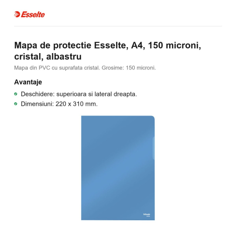 Mapa de protectie Esselte, A4, 150 microni, cristal, albastru [1]