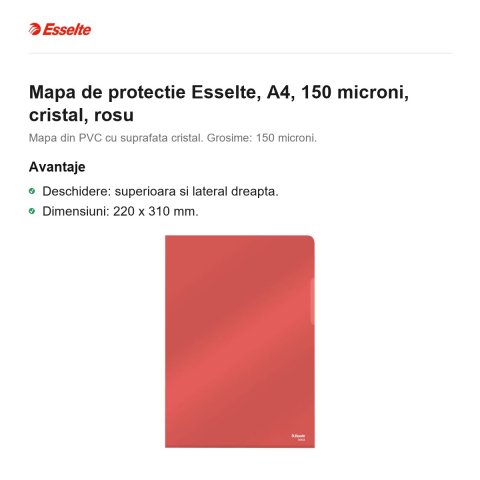 Mapa de protectie Esselte, A4, 150 microni, cristal, rosu [1]