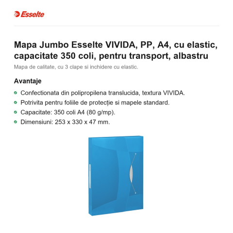Mapa Jumbo Esselte VIVIDA, PP, A4, cu elastic, capacitate 350 coli, pentru transport, albastru [1]