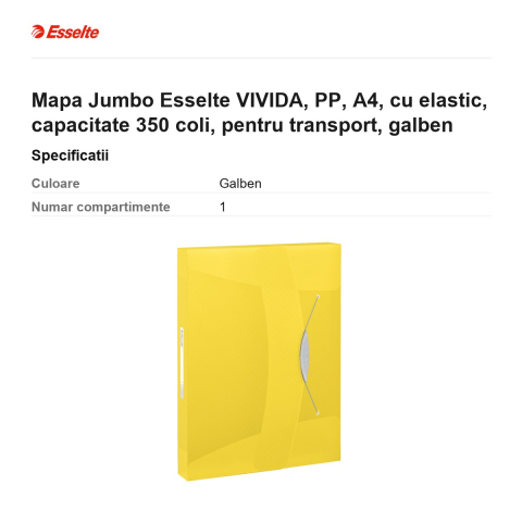 Mapa Jumbo Esselte VIVIDA, PP, A4, cu elastic, capacitate 350 coli, pentru transport, galben [2]