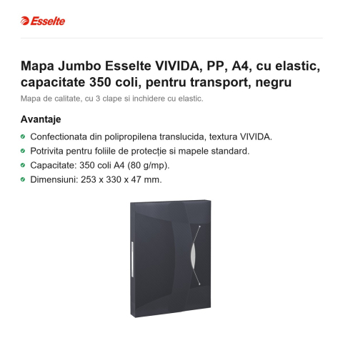 Mapa Jumbo Esselte VIVIDA, PP, A4, cu elastic, capacitate 350 coli, pentru transport, negru [1]