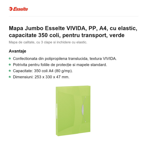Mapa Jumbo Esselte VIVIDA, PP, A4, cu elastic, capacitate 350 coli, pentru transport, verde [1]