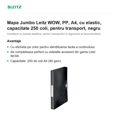 Mapa Jumbo Leitz WOW, PP, A4, cu elastic, capacitate 250 coli, pentru transport, negru [1]