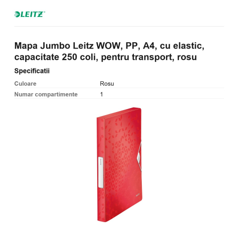 Mapa Jumbo Leitz WOW, PP, A4, cu elastic, capacitate 250 coli, pentru transport, rosu [2]