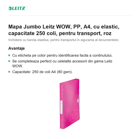Mapa Jumbo Leitz WOW, PP, A4, cu elastic, capacitate 250 coli, pentru transport, roz [1]