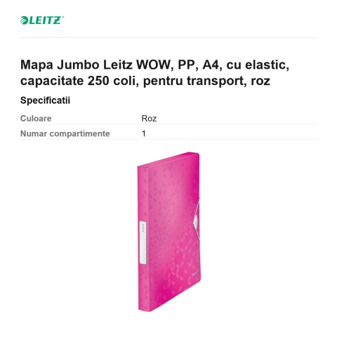 Mapa Jumbo Leitz WOW, PP, A4, cu elastic, capacitate 250 coli, pentru transport, roz [2]