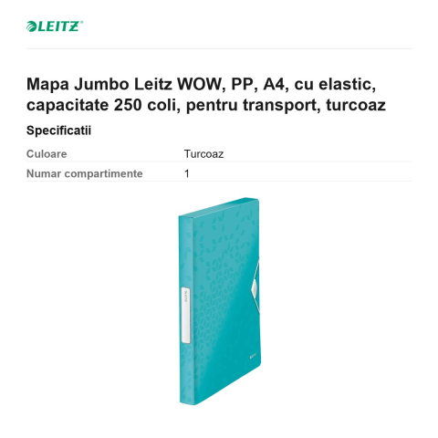 Mapa Jumbo Leitz WOW, PP, A4, cu elastic, capacitate 250 coli, pentru transport, turcoaz [2]