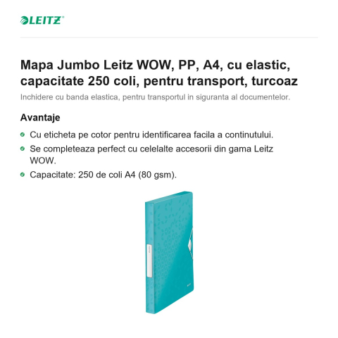 Mapa Jumbo Leitz WOW, PP, A4, cu elastic, capacitate 250 coli, pentru transport, turcoaz [1]