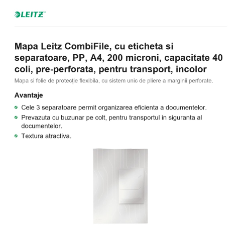 Mapa Leitz CombiFile, cu eticheta si separatoare, PP, A4, 200 microni, capacitate 40 coli, pre-perforata, pentru transport, incolor [1]