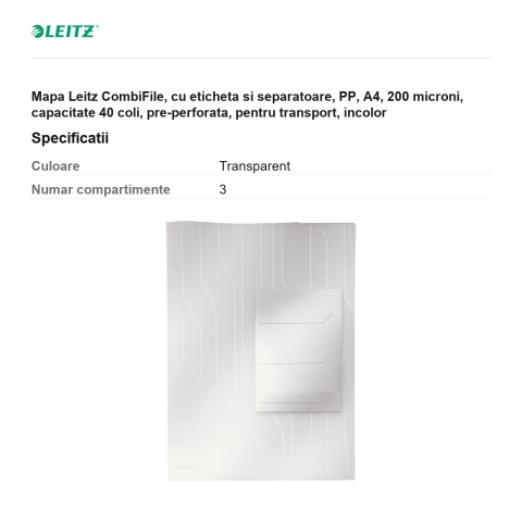 Mapa Leitz CombiFile, cu eticheta si separatoare, PP, A4, 200 microni, capacitate 40 coli, pre-perforata, pentru transport, incolor [2]