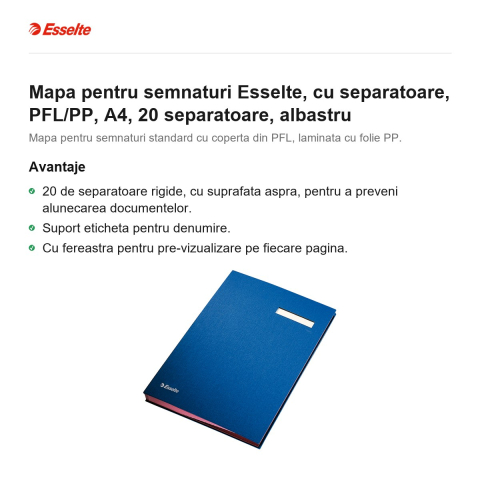 Mapa pentru semnaturi Esselte, cu separatoare, PFL/PP, A4, 20 separatoare, albastru [1]
