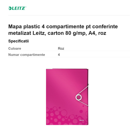 Mapa plastic 4 compartimente pt conferinte metalizat Leitz, carton 80 g/mp, A4, roz [2]