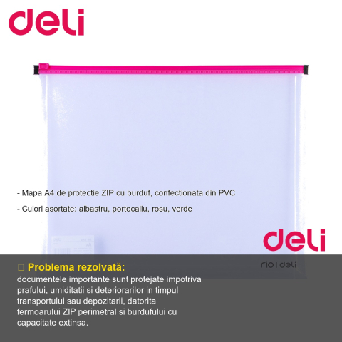 Mapa plastic A4 cu fermoar si burduf Deli, protectie documente, pentru birou si scoala [1]