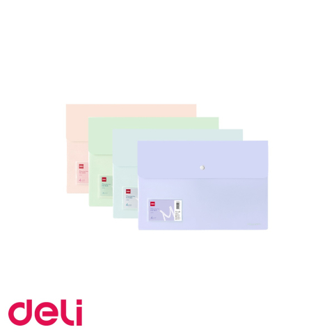 Mape si serviete - Mapa plastic A4 Deli, culori macaron, cu buton si buzunar exterior, pentru organizare documente