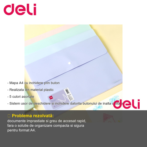 Mapa plastic A4 Deli, culori macaron, cu buton si buzunar exterior, pentru organizare documente [1]