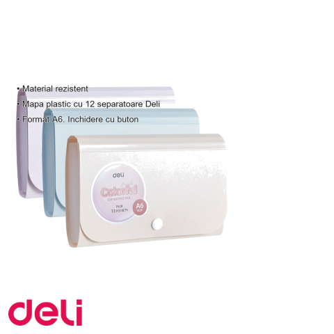 Mapa plastic A6 cu 12 separatoare pastel Deli, inchidere cu buton, organizare documente compacta [2]