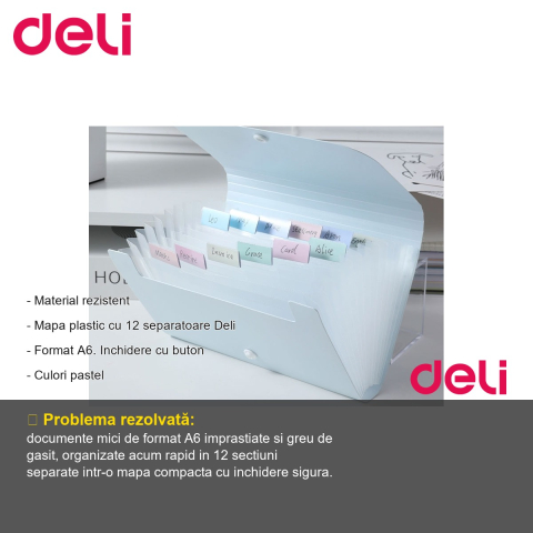 Mapa plastic A6 cu 12 separatoare pastel Deli, inchidere cu buton, organizare documente compacta [1]