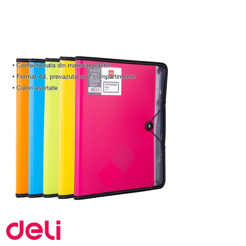 Mapa plastic cu 7 compartimente Deli, format A4, inchidere cu elastic, culori asortate [2]