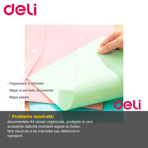 Mapa plastic cu buton Deli, format A4, culoare vernil pastel, pentru organizare documente [1]