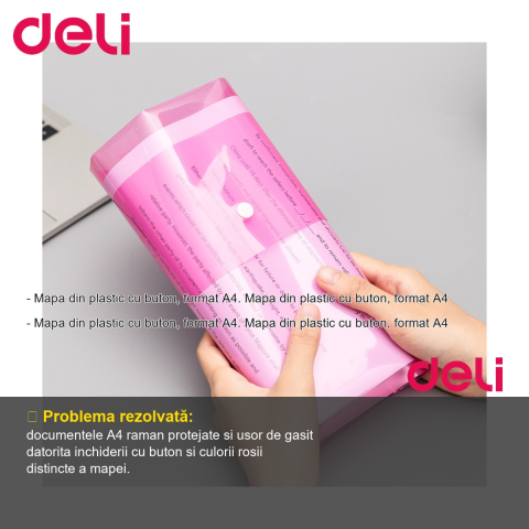 Mapa plastic cu buton Deli, format A4, rosie, pentru organizarea documentelor la birou [1]