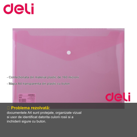 Mapa plastic cu buton Deli, format A4, transparenta rosie, pentru organizarea documentelor [1]