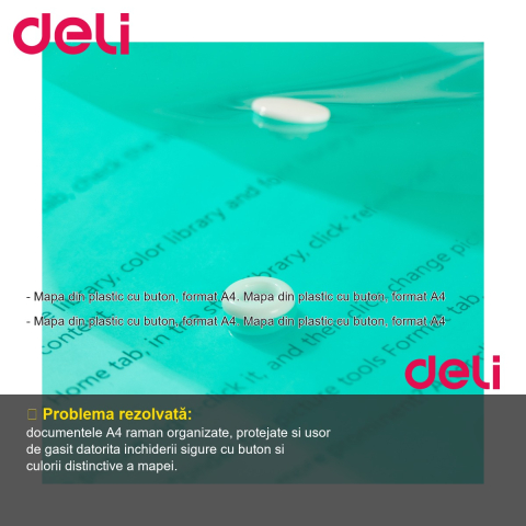 Mapa plastic cu buton Deli, format A4, verde, pentru organizarea documentelor [1]