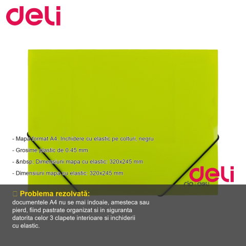 Mapa plastic cu elastic Deli, format A4, semitransparenta, cu 3 clapete interioare pentru organizarea documentelor [1]