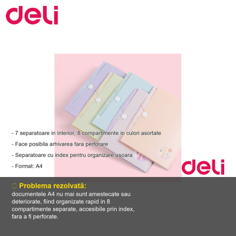 Mapa plastic cu elastic Deli Macarons, 7 separatoare, 8 compartimente colorate, format A4 [1]