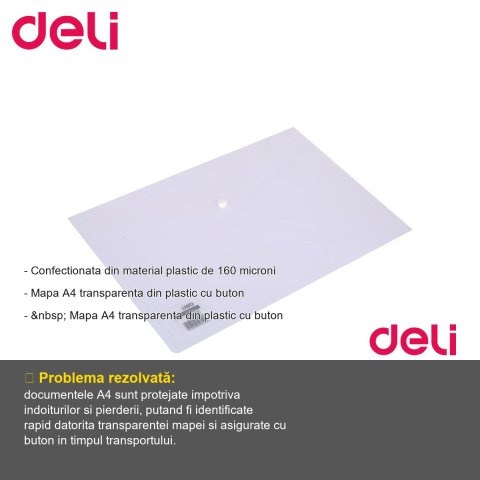Mapa plastic transparenta cu buton Deli, format A4, pentru organizare documente la birou sau scoala [1]