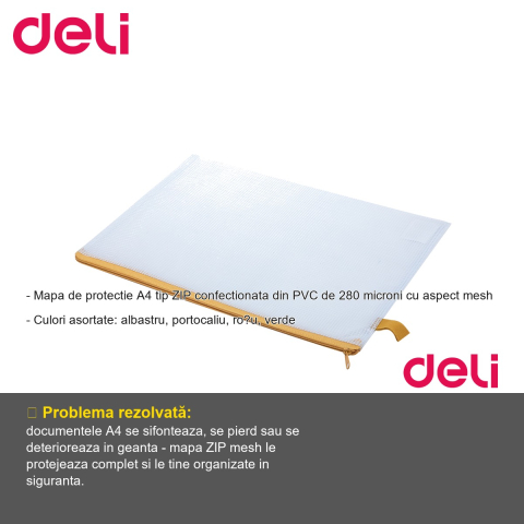 Mapa protectie cu fermoar Deli, format A4, material mesh PVC, pentru documente si acte [1]