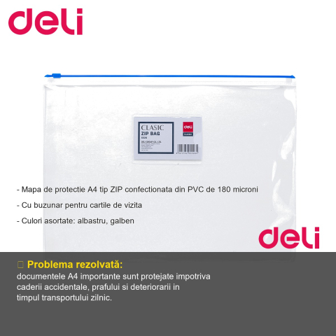 Mapa protectie documente A4 cu inchidere zip Deli, PVC 180 microni, cu buzunar carti de vizita [1]