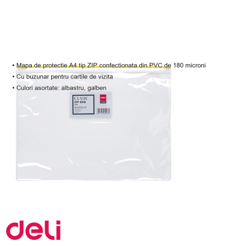 Mapa protectie documente A4 cu inchidere zip Deli, PVC 180 microni, cu buzunar carti de vizita [2]