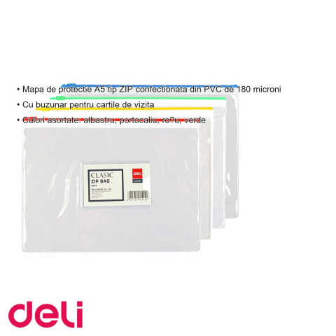 Mapa protectie zip A5 Deli, PVC 180 microni, cu buzunar carti de vizita, culori asortate [2]