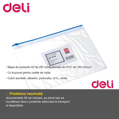 Mapa protectie zip A5 Deli, PVC 180 microni, cu buzunar carti de vizita, culori asortate [1]