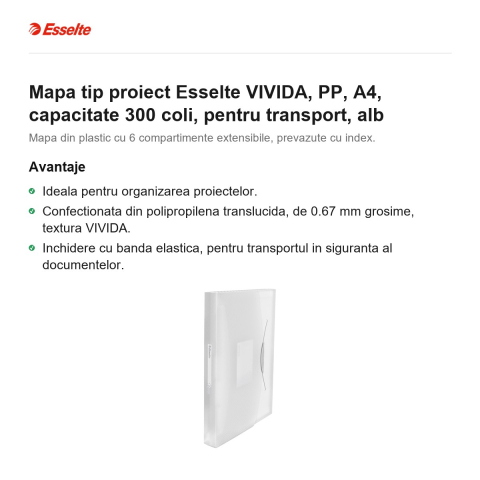 Mapa tip proiect Esselte VIVIDA, PP, A4, capacitate 300 coli, pentru transport, alb [1]