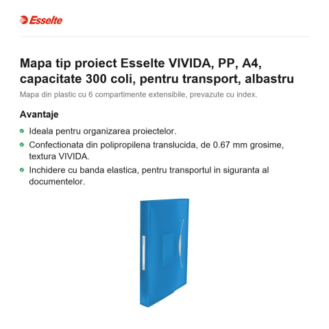 Mapa tip proiect Esselte VIVIDA, PP, A4, capacitate 300 coli, pentru transport, albastru [1]