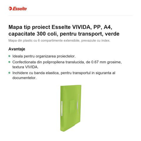 Mapa tip proiect Esselte VIVIDA, PP, A4, capacitate 300 coli, pentru transport, verde [1]