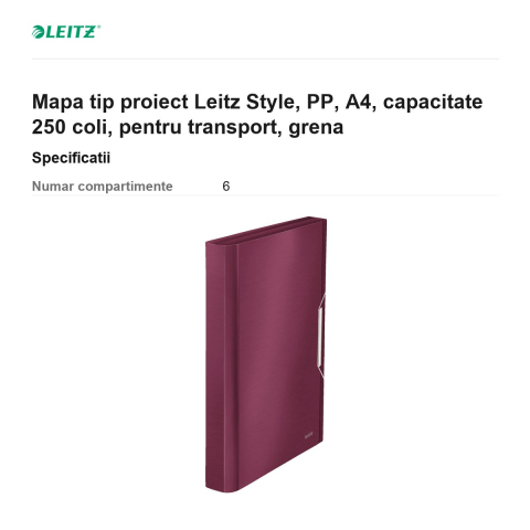 Mapa tip proiect Leitz Style, PP, A4, capacitate 250 coli, pentru transport, grena [2]